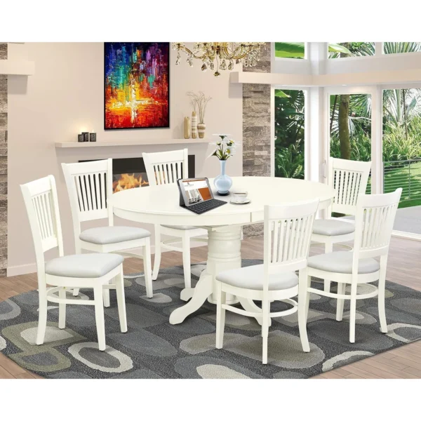 7 Piece Dining Room Table Set Consist of an Oval Kitchen Table Butterfly Leaf 6 Linen Fabric Upholstered Dining Chairs