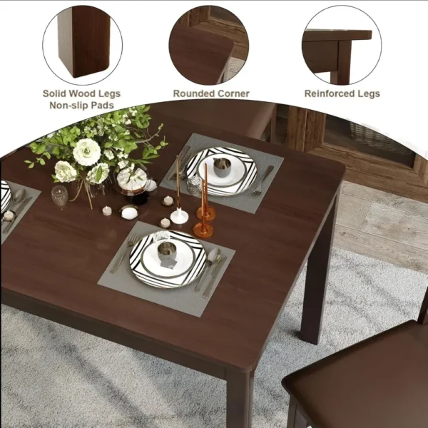 5-Piece Solid Wood Indoor Modern Rectangular Dining Table Set for 4,Table and 4 Chairs Set with PU Leather Cushion for Kitchen - Image 3