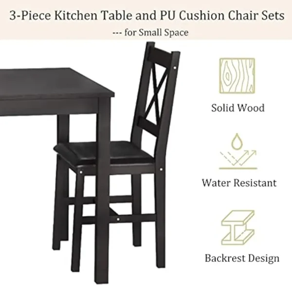 Table Set 3 Piece Dining Set Sturdy Wooden Square and Chair Breakfast Table Set for 2 Person Small Dining Room Table - Image 2
