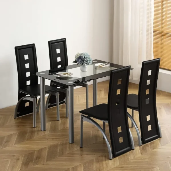 5-Piece Dining Table Set with 1 Glass Dining Table and 4 PVC Chairs, Modern Dining Table Set for Kitchen