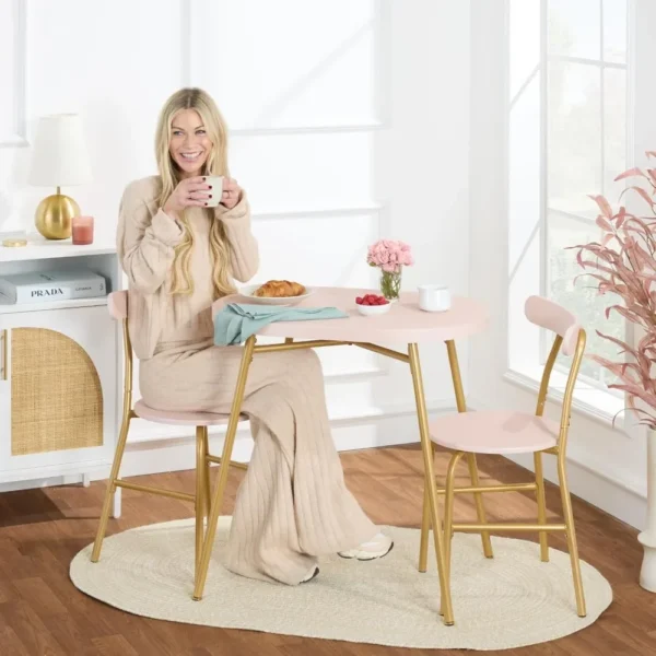 3-Piece Modern Oval Dining Table Set, Small Kitchen Dinette w/ 2 Chairs, Metal Frame, Curved Backrests - Pink/Gold - Image 2