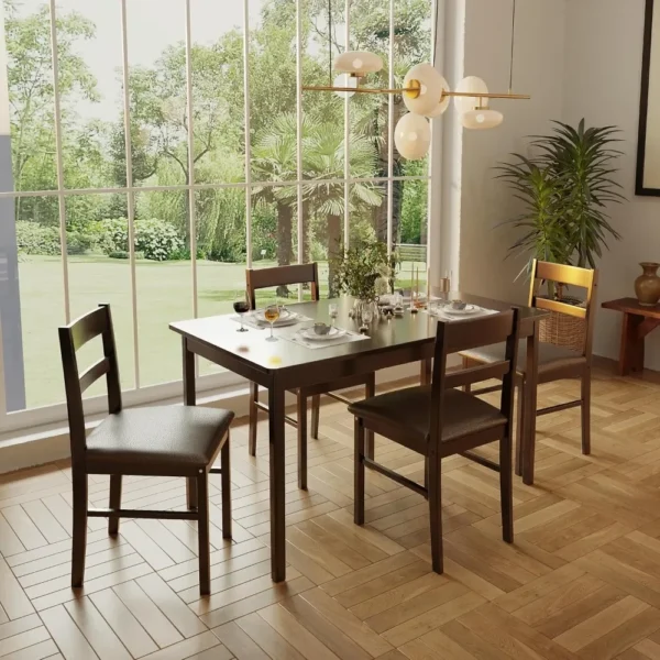 5-Piece Solid Wood Indoor Modern Rectangular Dining Table Set for 4,Table and 4 Chairs Set with PU Leather Cushion for Kitchen