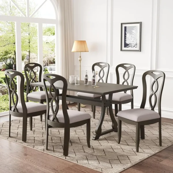 7 Piece Dining Table Set, Retro Kitchen Table Set with 6 Upholstered Dining Chairs, Wooden Table and Chairs Set for Dining Room